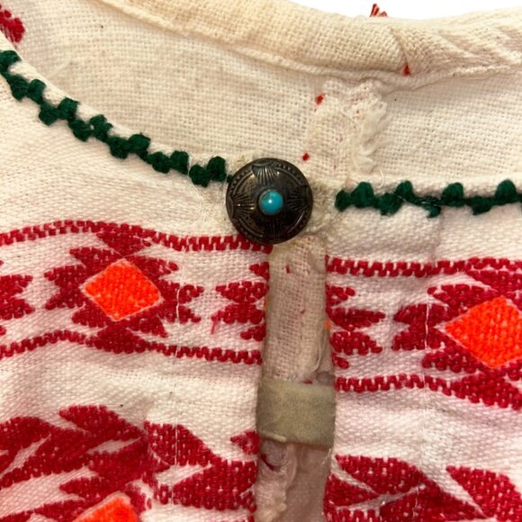 Vintage. Oaxaca orange white all embroidered aztec silver turquoise tunic top M - Picture 3 of 5